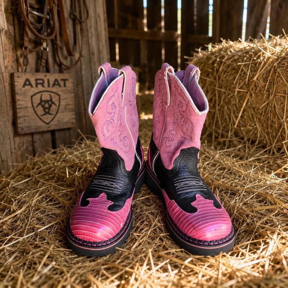 Ariat Girls Youth Size 13 Pink Black Leather Western Cowboy Boots 4LR